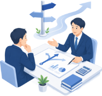 会社の将来を検討する経営者のイメージ